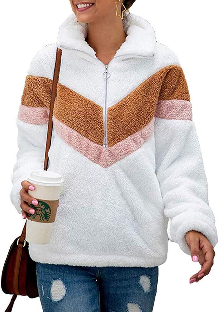 Women's Warm Long Sleeve Lapel Zipper Color-Block Striped Fuzzy Fleece Pullover Sherpa Sweatshirt... | Amazon (US)