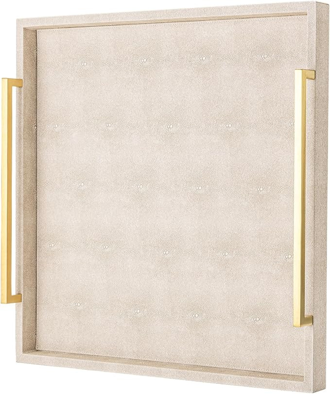 Large Ottoman Tray for Coffee Table,Square Shagreen Leather Decorative Tray with Gold Handles for... | Amazon (US)