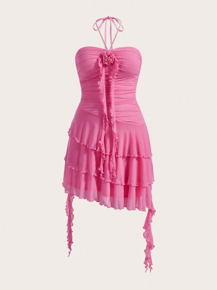 SHEIN MOD Pink Sweet Vacation Style 3D Flower Print Dress With Ruffle Hem | SHEIN