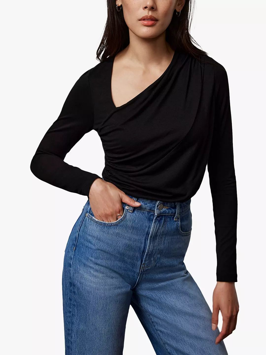 Mint Velvet Ruched Long Sleeve Top, Black | John Lewis (UK)