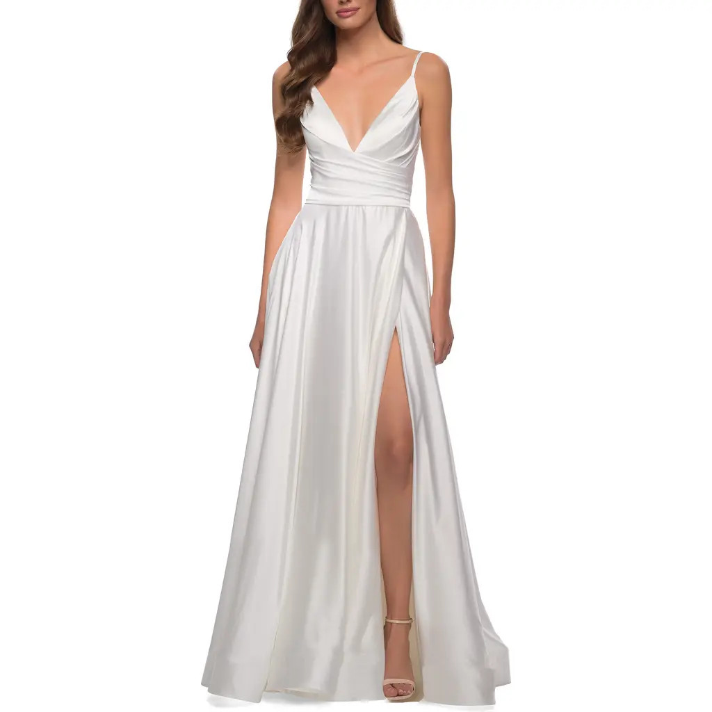 La Femme Long Satin Dress with Side Slit and V Shaped Back in White at Nordstrom, Size 0 | Nordstrom