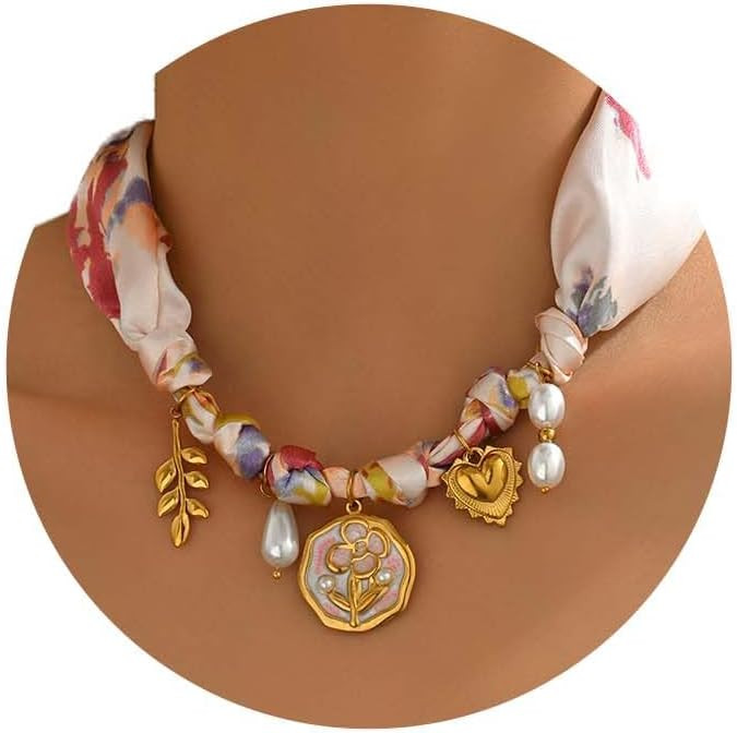 18K Gold Plated Silk Scarf Necklace for Women, Bandana Necklace with Stainless Steel Charms Choke... | Amazon (US)