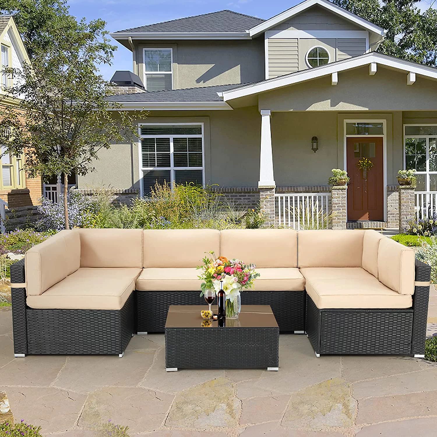 YODOLLA 7 Pc Outdoor Patio Sectional Set, Beige and Black PE Rattan with Table | Walmart (US)