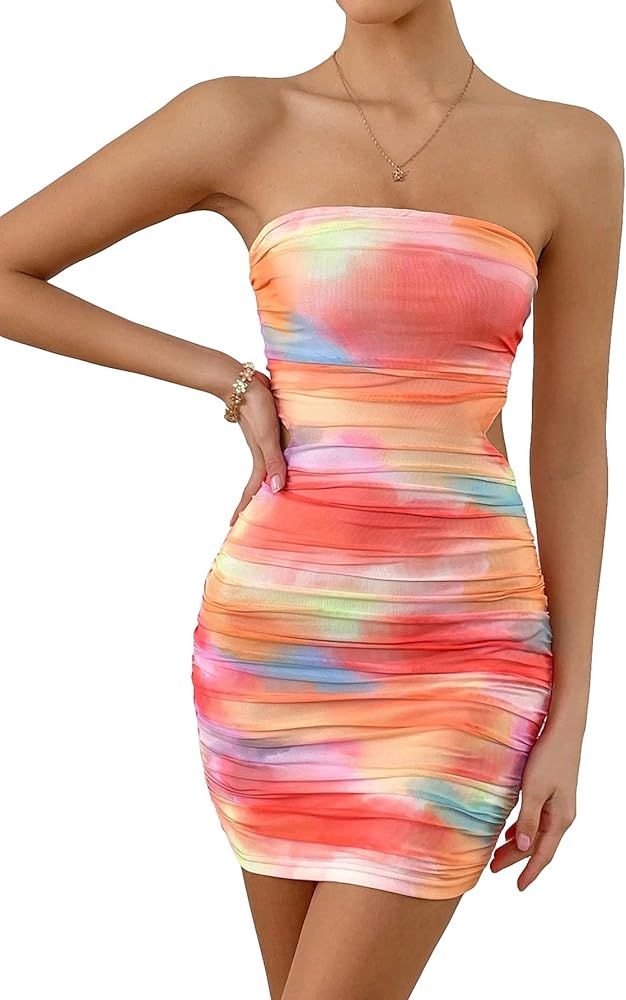 MakeMeChic Women's Tie Dye Ruched Tube Bodycon Dress Cut Out Slim Fit Mini Short Dress | Amazon (US)
