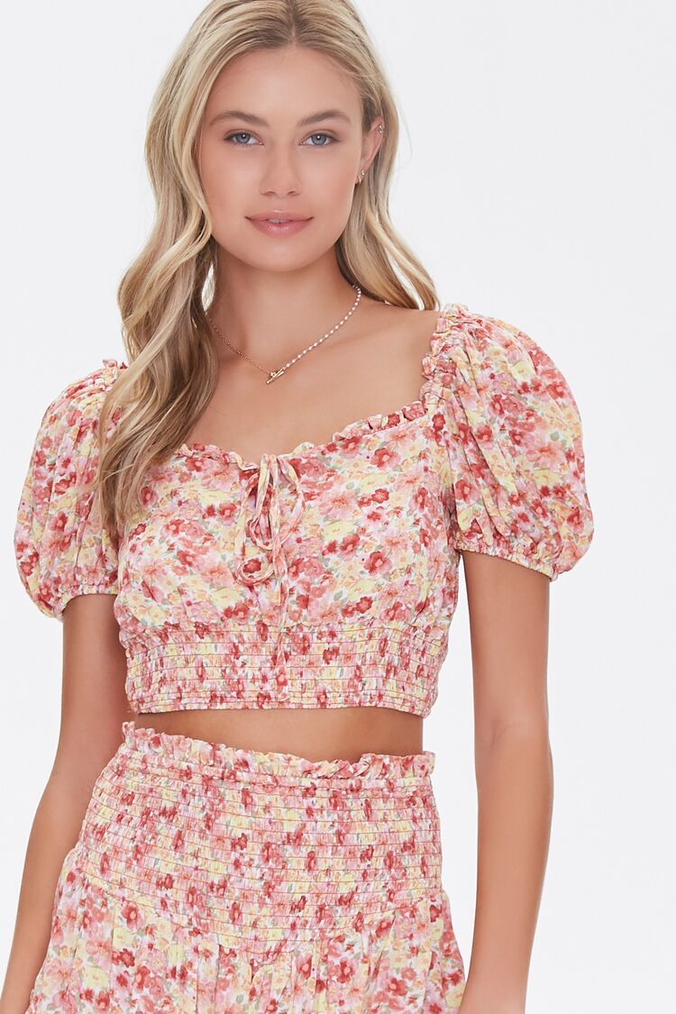 Floral Puff-Sleeve Crop Top | Forever 21 (US)