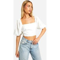 Womens Puff Sleeve Square Neck Tie Back Crop Top - White - 6 | boohoo (US & Canada)