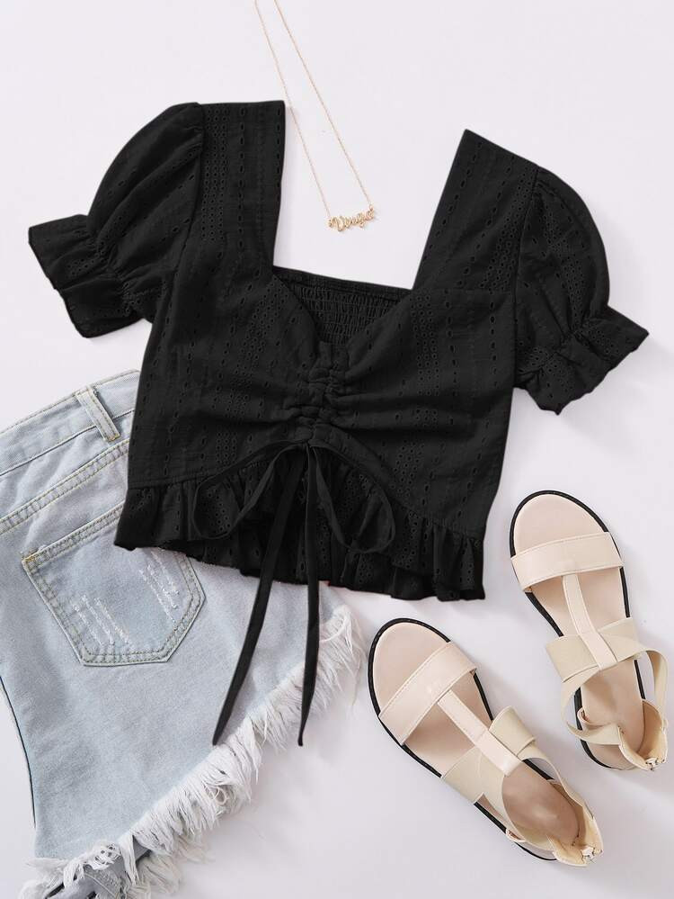 Plus Eyelet Embroidery Drawstring Shirred Blouse | SHEIN