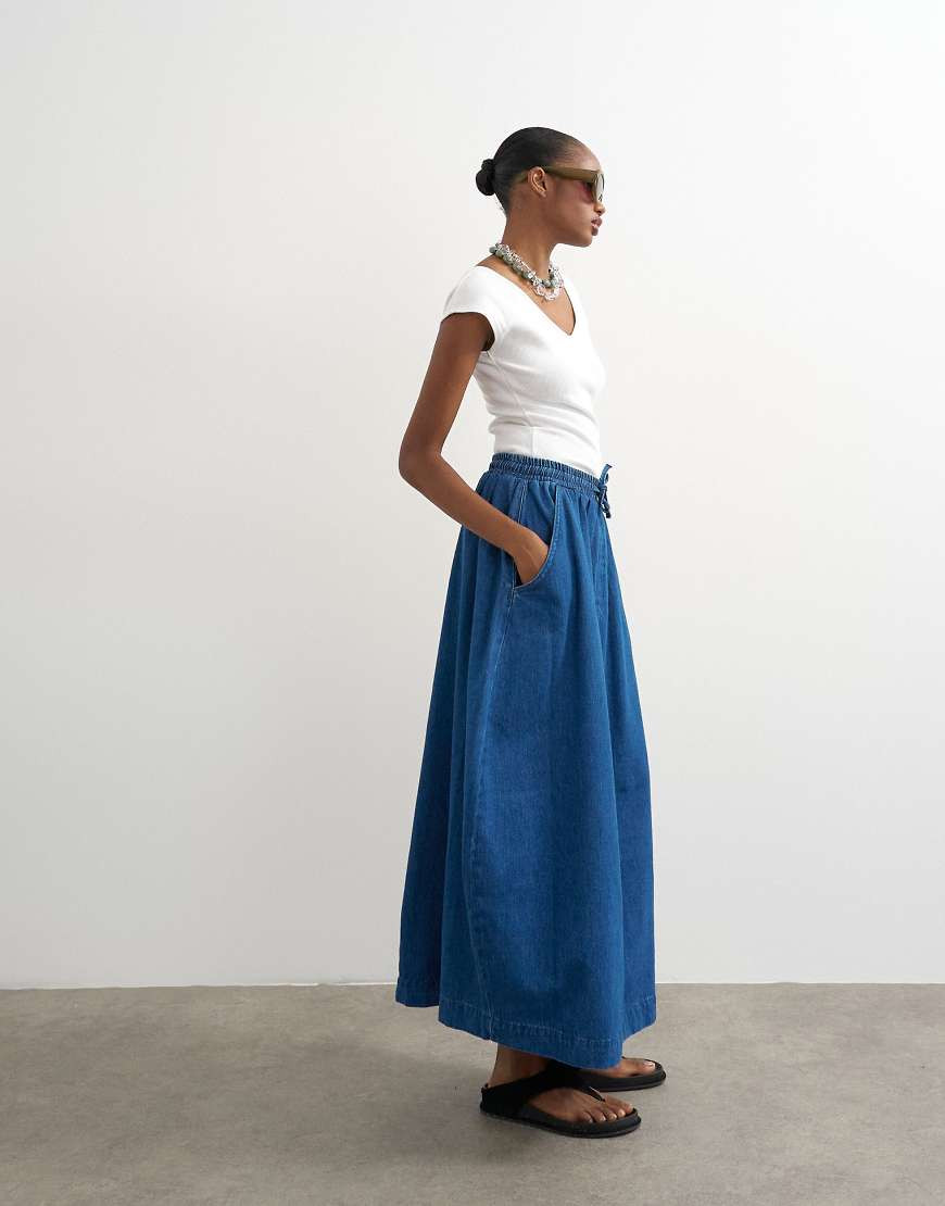 Topshop denim pull on maxi skirt in rich blue | ASOS (Global)