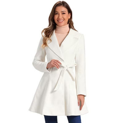 Allegra K Women's Elegant Notched Collar Single Belted Winter Long Coat Large White | Target