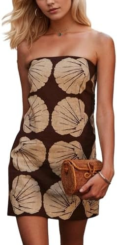 Women's Off Shoulder Strapless Mini Dress, Shell Print, Summer Casual Sleeveless Backless Outdoor... | Amazon (US)