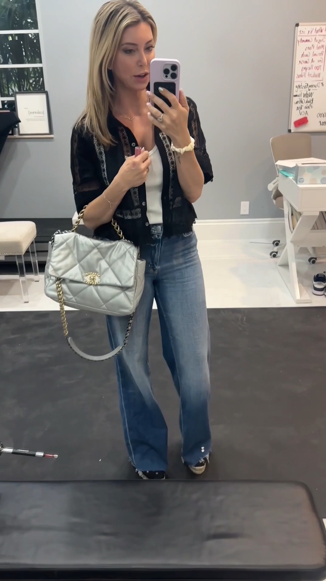 Wearing a size small in this top, you could also wear it with a nude bra underneath and button it up to make it like sexier and more like a date night look. Jeans are wearing a size size 27. They’re high-rise you might need to get them hemmed if you’re going to wear them with flats or sneakers. They are very soft and very comfortable, but they look very chic on. Also, these shoes are so comfortable. This is the exact brand that I’m wearing. They are TTS.  #ltkover40 #ltkfallsale #ltkstyletip  

