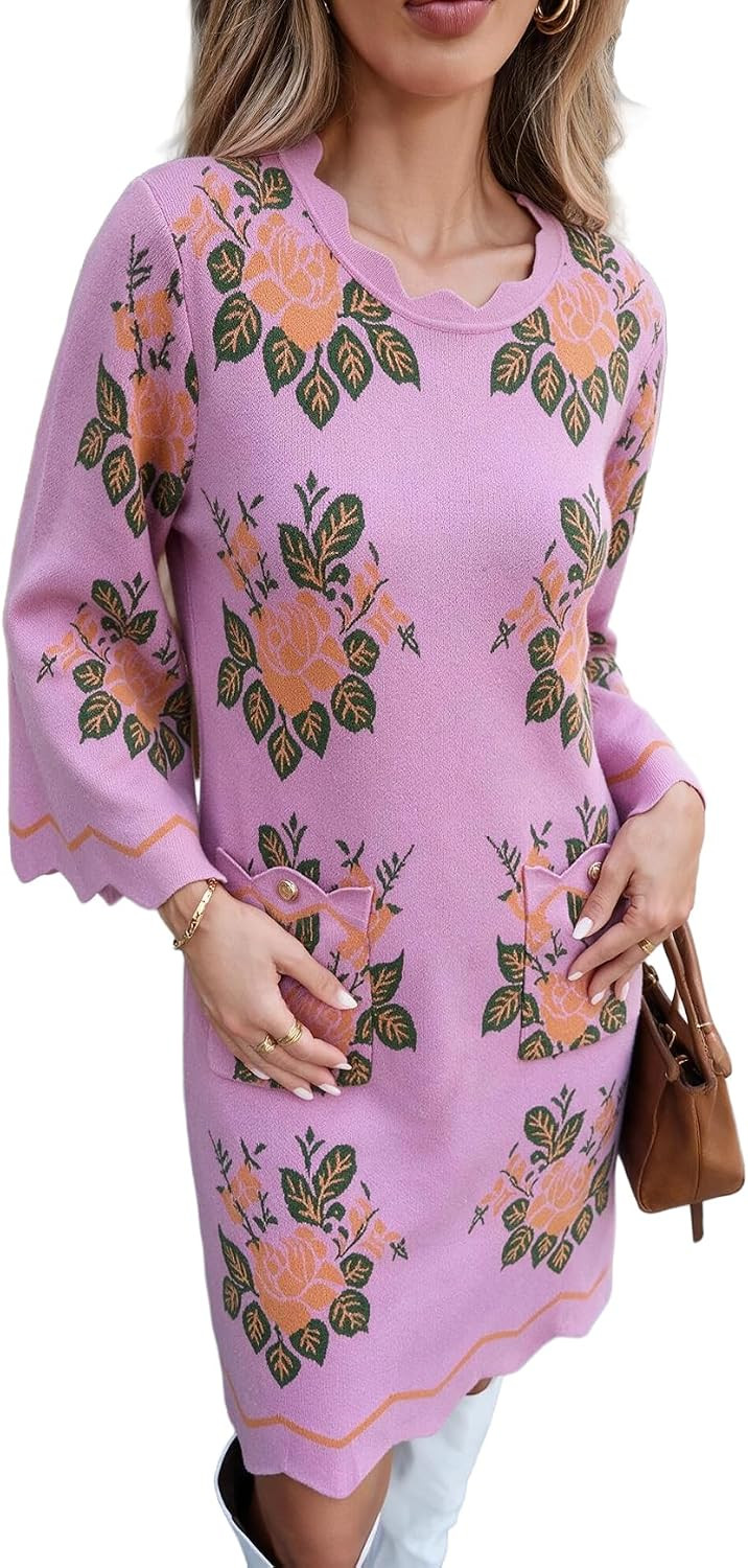 LifeShe Women's Jacquard Knit Dress Color Block Mini Dress with Pockets | Amazon (US)