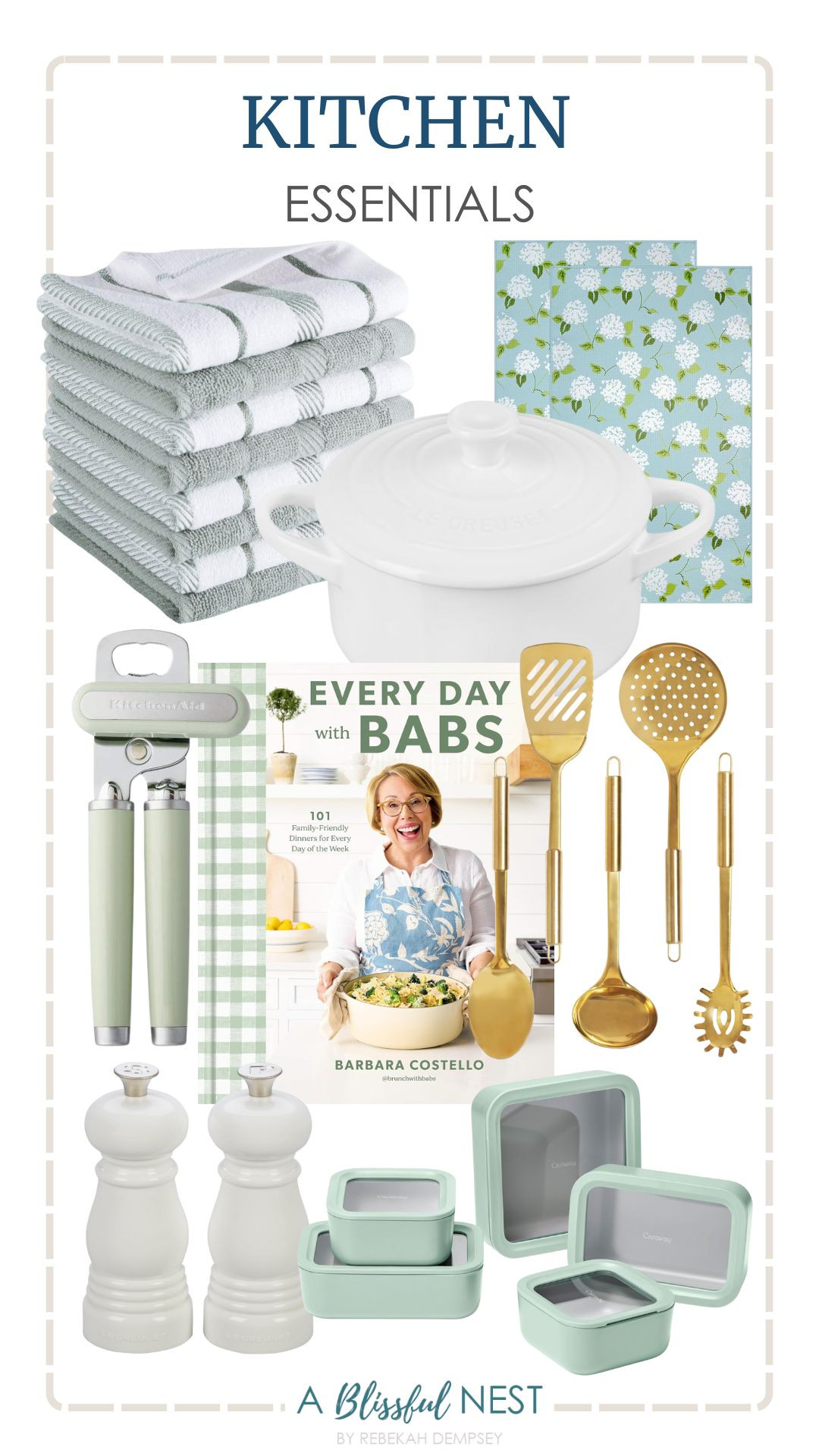 Easy kitchen upgrades that improve everyday tasks. Browse the list.

floral kitchen tea towel, Caraway glass food storage container, recipe book, KitchenAid green classic can opener, Le Creuset petite salt and pepper mill, KitchenAid dishcloth, gold cooking utensils, Le Creuset stoneware mini round cocotte. 

 #LTKHome