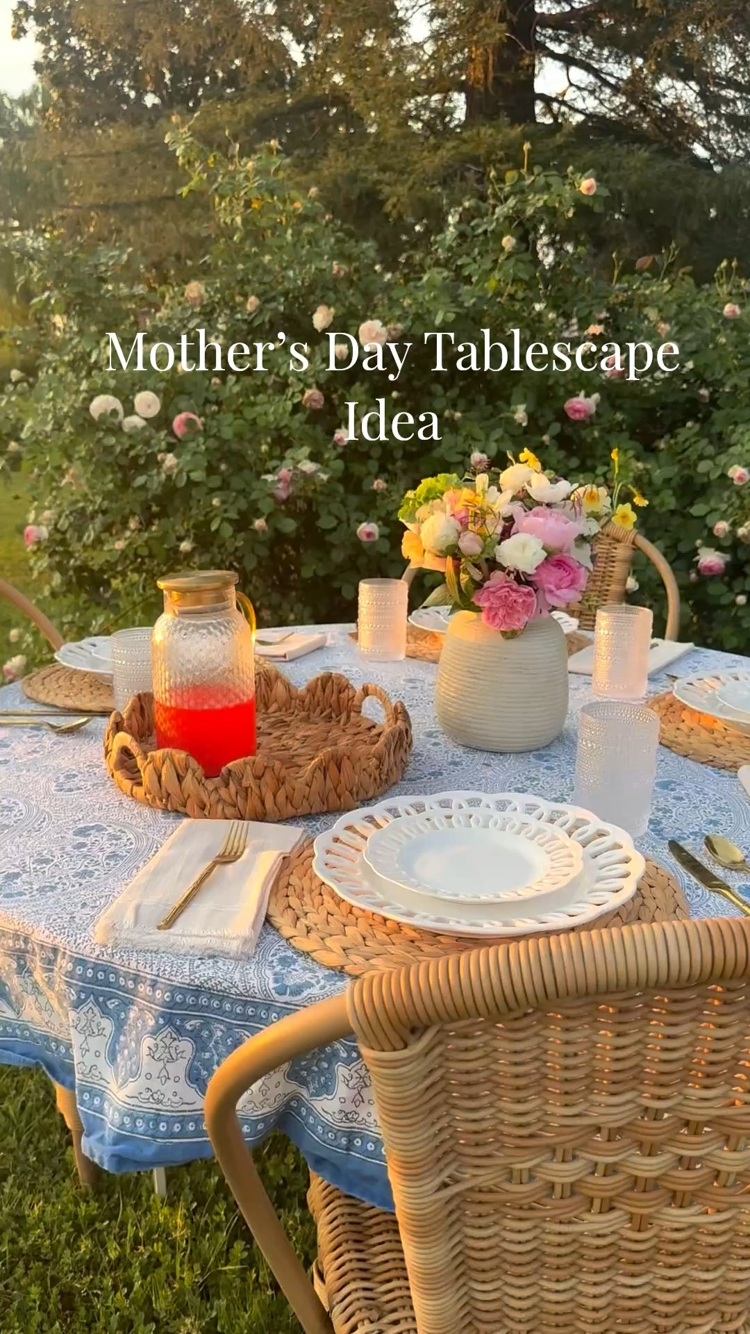 Mother’s Day tablescape idea with beautiful dinnerware, a blue and white block print tablecloth, gorgeous flowers in a ceramic vase, homemade strawberry lemonade, a scalloped rattan tray and stunning wicker bistro chairs!! ❤️💐 

#LTKSeasonal #LTKMothersDay #LTKHome