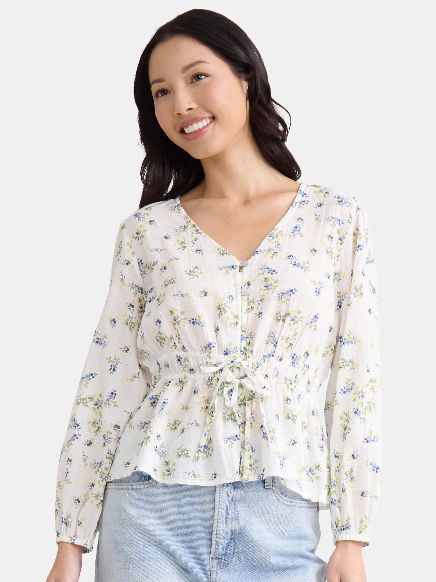 Time and Tru Women's Floral Print Tie Waist Blouse, Sizes S-XXXL | Walmart (US)