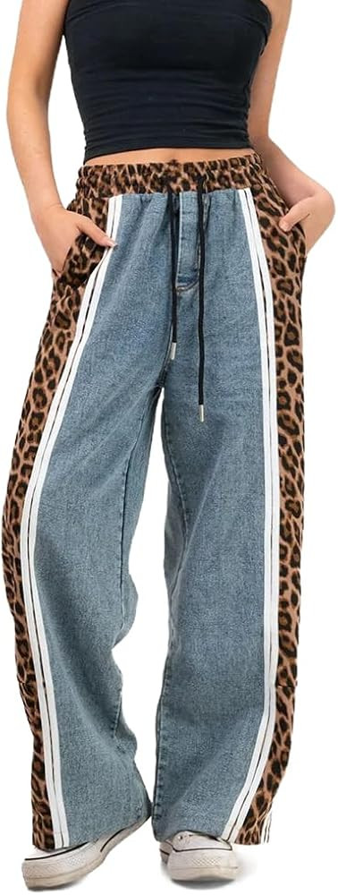 Molilove Women's High Rise Leopard Print Jeans Straight Leg Casual Pants Y2k Streetwear | Amazon (US)