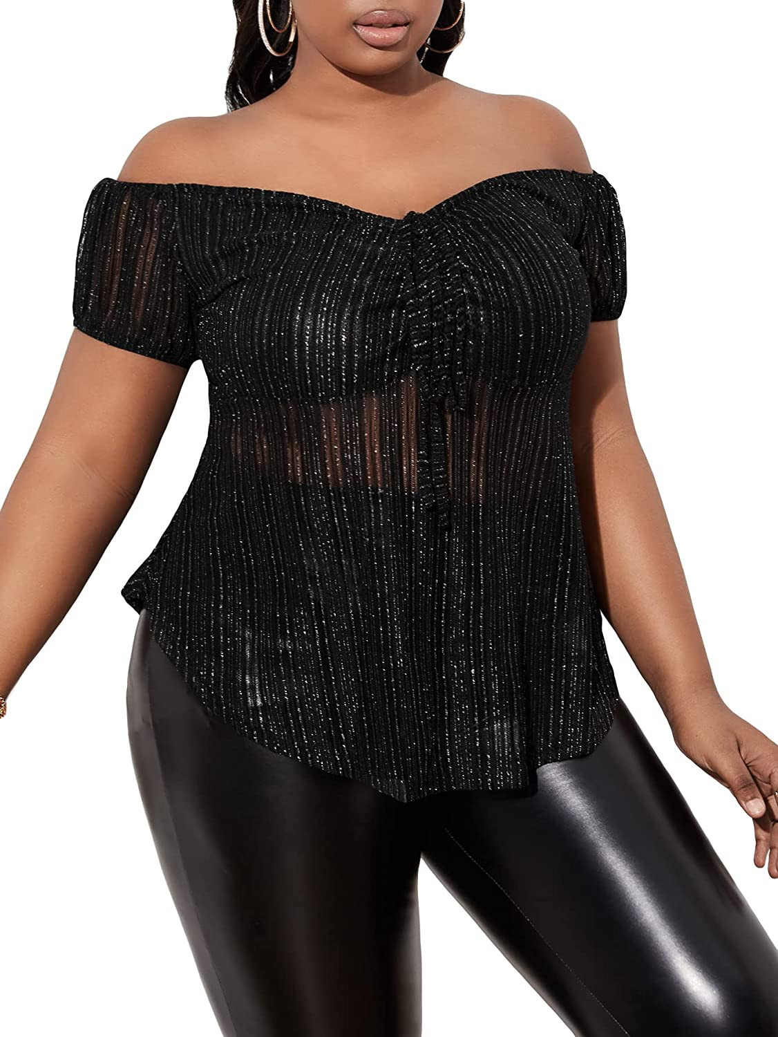 WDIRARA Women's Plus Size Off Shoulder Ruched Tie Front Mesh Short Sleeve Club Glitter Tops | Amazon (US)