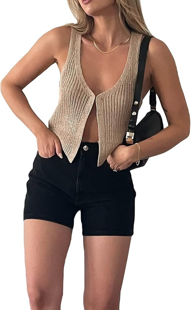 Women Y2k Button Down Crochet Knit Vest Sleeveless Hollow Out Crop Tops Vintage Casual V-Neck Ver... | Amazon (US)