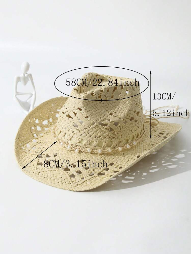 1pc Unisex Pearl Decor Cowboy Hat Hollow Out Wide Brim Handmade Spring Summer Travel Shade Cowgirl Hat Beach Hat Straw Hat Casual Sun Hat | SHEIN
