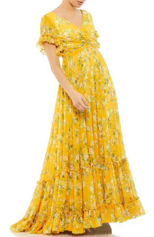 Mac Duggal Floral Empire Waist Chiffon Gown in Yellow Multi at Nordstrom, Size 16 | Nordstrom