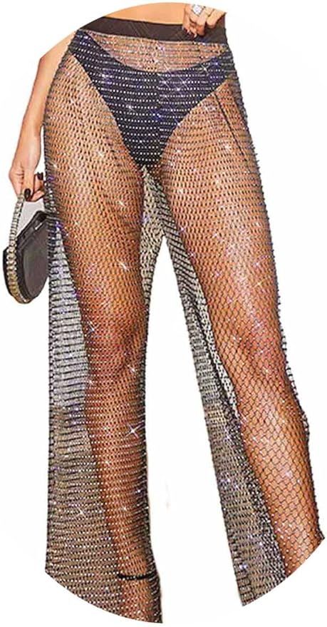 Mesh Fishnet Pants Black Rhinestone Leggings Sparkly Crystal Cover Up Hollow Out See Through Bott... | Amazon (US)