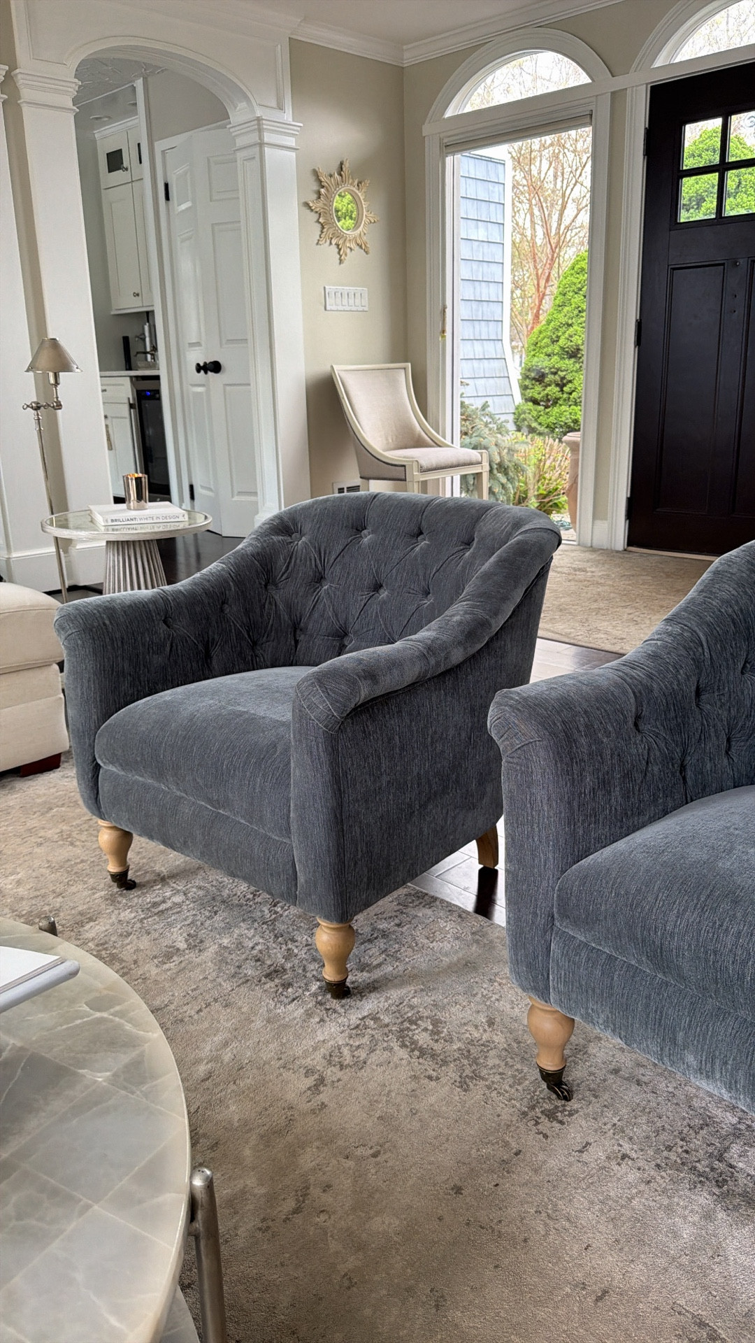 I found very similar chairs at a lower price than I paid. These are a great affordable option for your living room. Blue, tufted, French, modern, coastal, office, bedroom. Side table, Ralph, Lauren, silver floor, lamp, rug.

#LTKSaleAlert #LTKHome