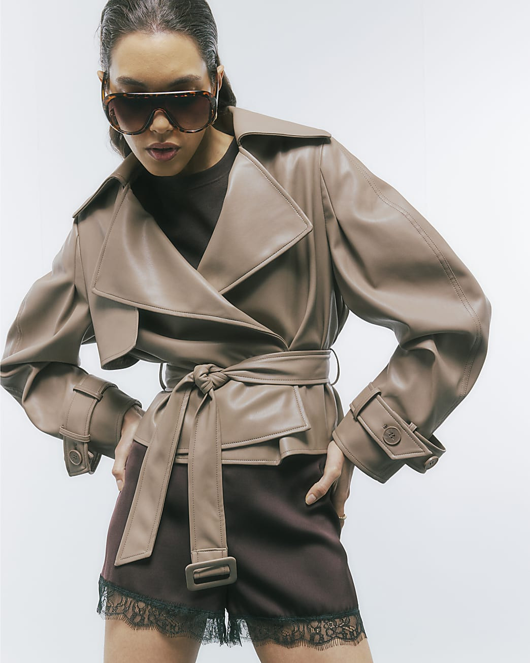 Beige Faux Leather Belted Trench Jacket | River Island UK & IE