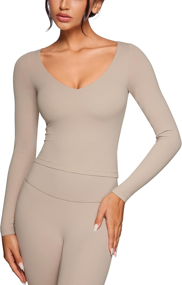 Womens V-Neck Long Sleeve Workout Crop Tops Slim Fit Padded Athletic Shirts Casual Yoga Gym Tops | Amazon (US)