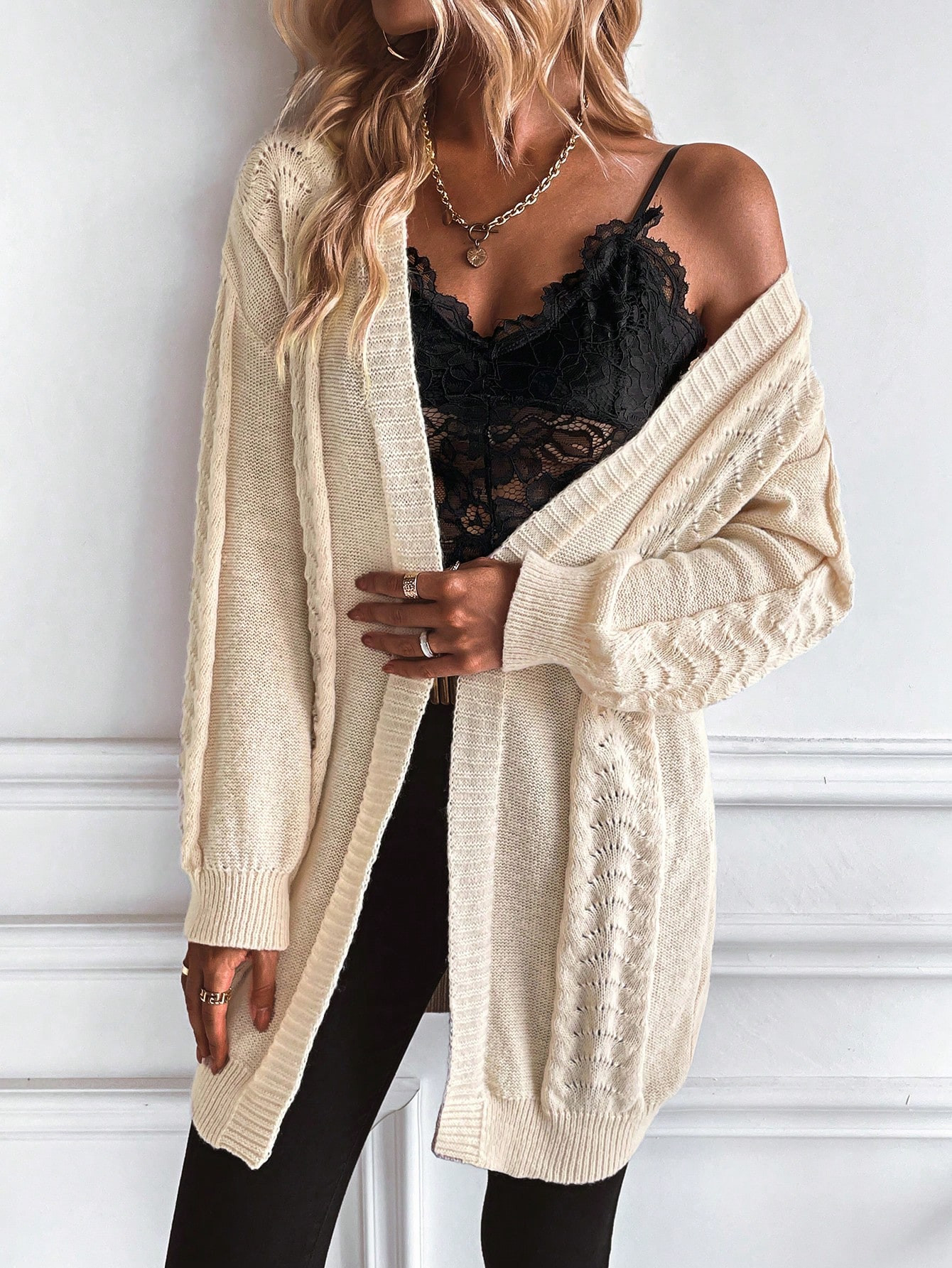 SHEIN Essnce Cárdigan de plumero tejido de cable de hombros caídos | SHEIN