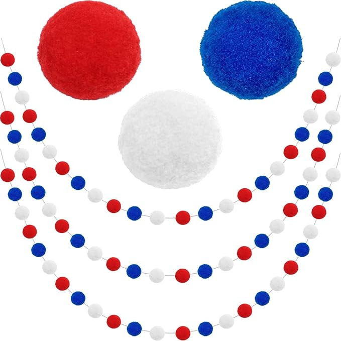 Pom Pom Garland 4th of July Decorations, Patriotic Red White Blue Felt Ball Garland, 3-Pack 6.6ft... | Amazon (US)