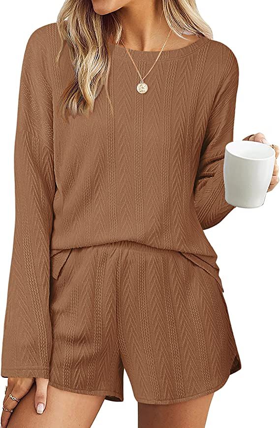 MEROKEETY Women's Casual Cable Knit Lounge Pajamas Sets Long Sleeve Tops and Shorts 2 Piece Outfi... | Amazon (US)