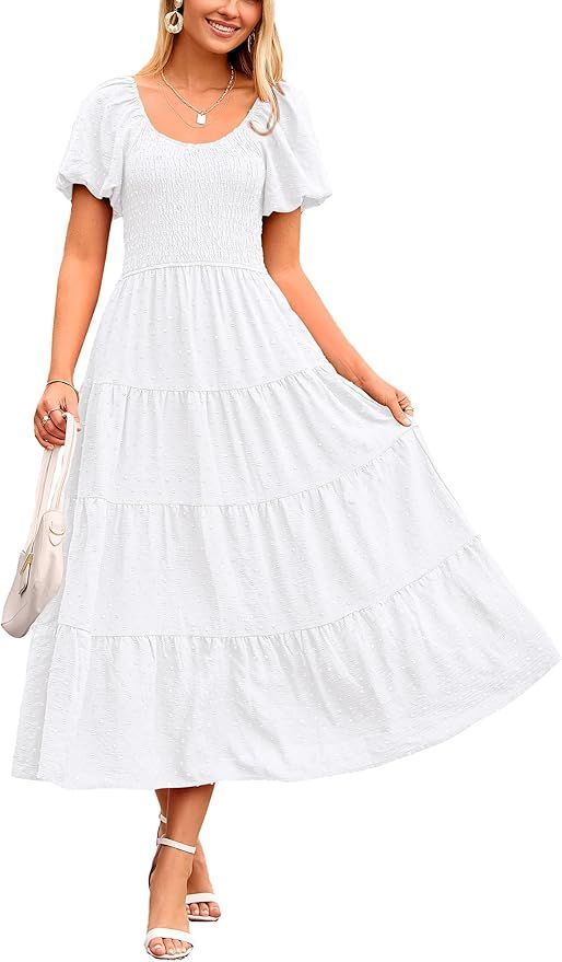 PRETTYGARDEN Womens Puff Sleeve Boho Midi Dress | Amazon (US)