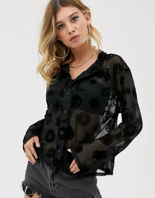 Rokoko fitted button front sheer shirt in sun and moon print | ASOS US
