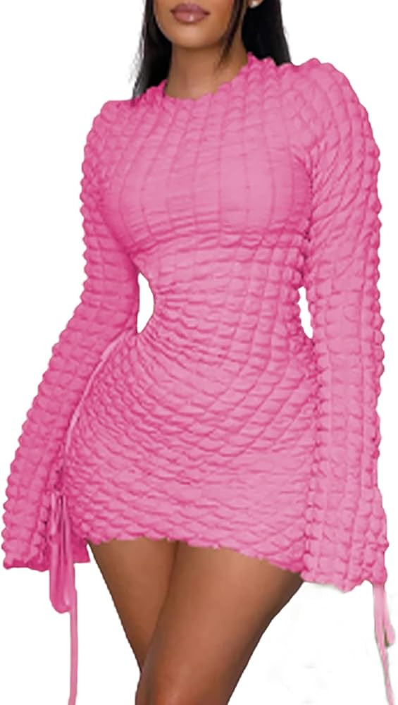 Women's Sexy Flare Long Sleeve Ruched Cutout Drawstring Bodycon Mini Dress Party Club Night Out S... | Amazon (US)