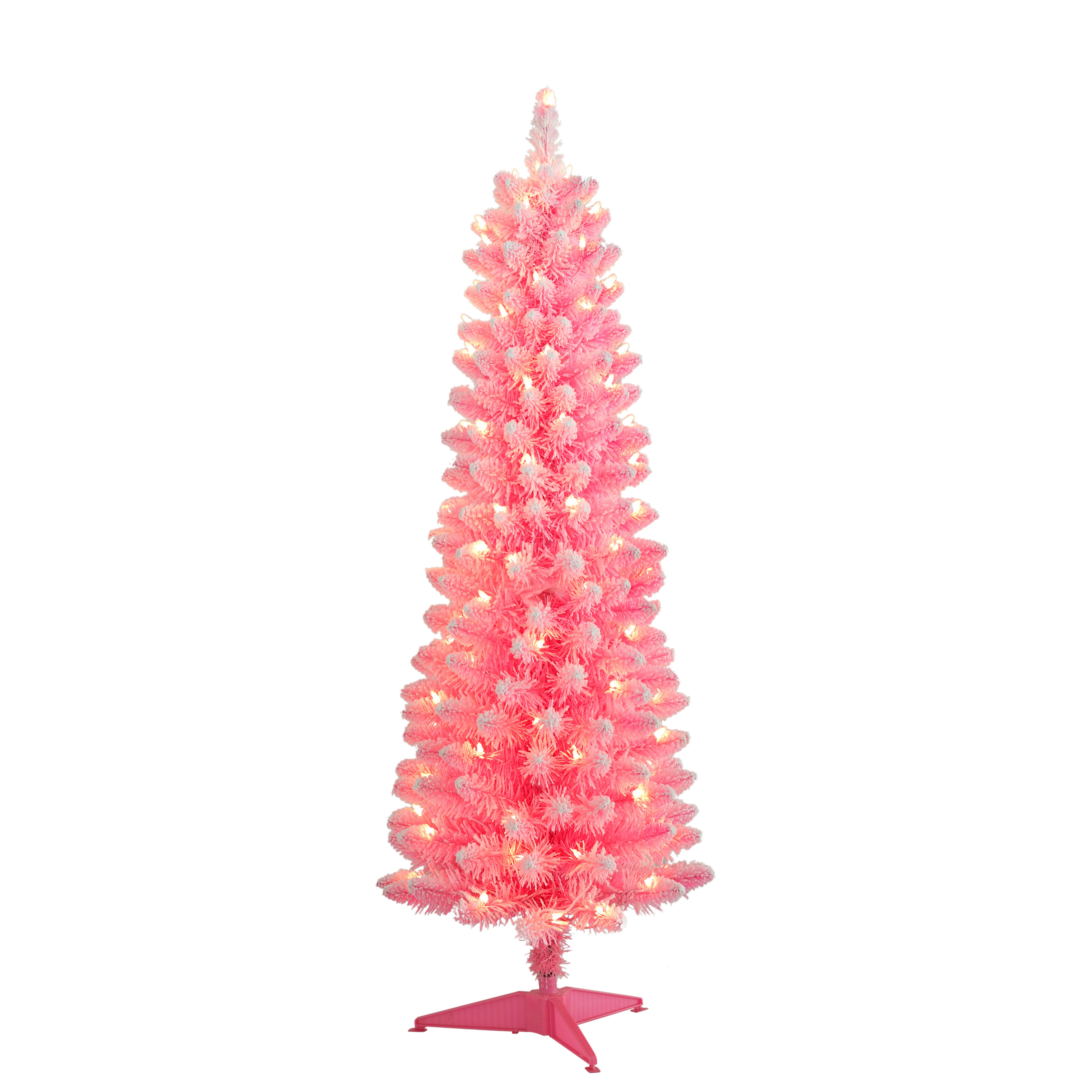 Pre-Lit 4.5' Flocked Fashion Pink Pencil Artificial Christmas Tree with 100 Lights, Pink - Walmar... | Walmart (US)