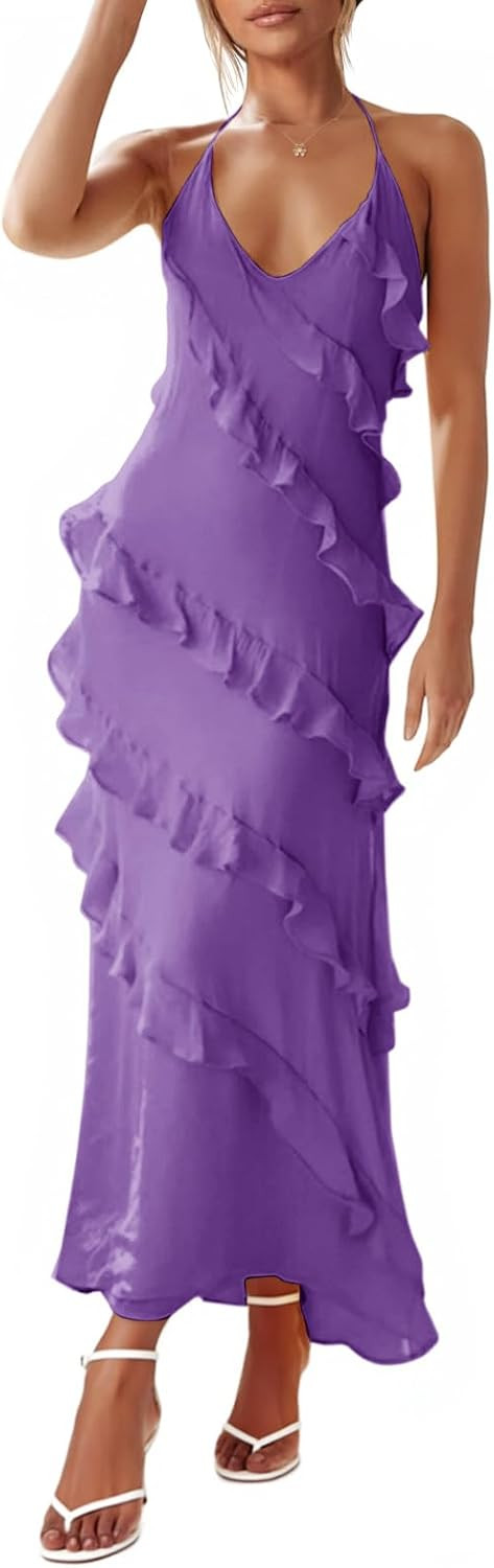 Wenrine Womens Chiffon Halter Maxi Dress Sleeveless Backless Party Dress | Amazon (US)