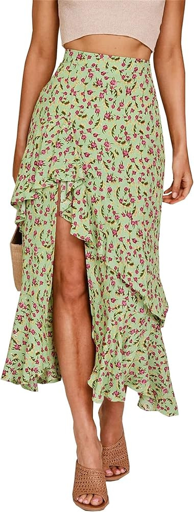 BTFBM Women 2024 Summer Spring Boho Long Skirts Dress Floral Print Elastic Waist Split Ruffle Hig... | Amazon (US)