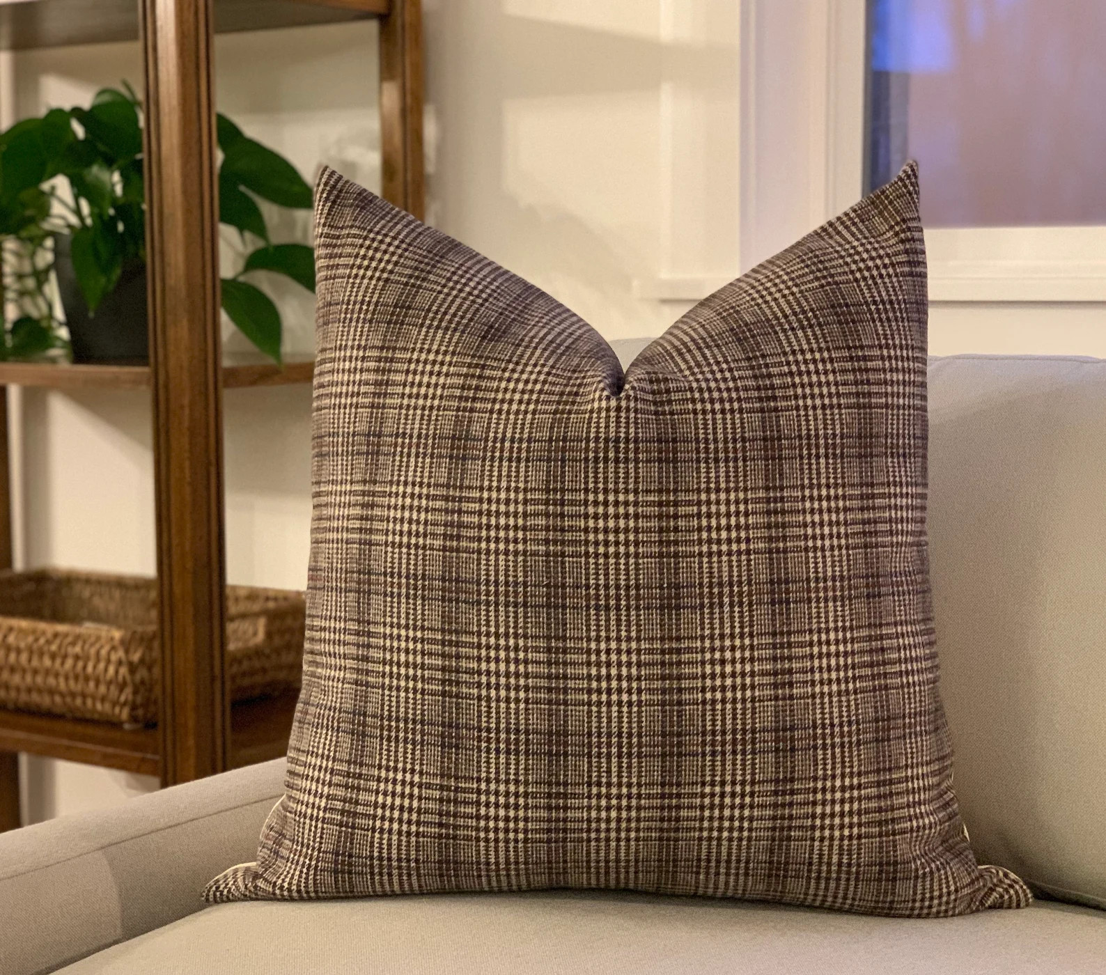 Wool, pillow cover, plaid, brown, ivory, rust, blue | Etsy (US)