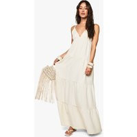 boohoo Women's Tall Textured Linen Look Tiered Maxi Dress in Beige | Size: 6 | boohoo (US & Canada)