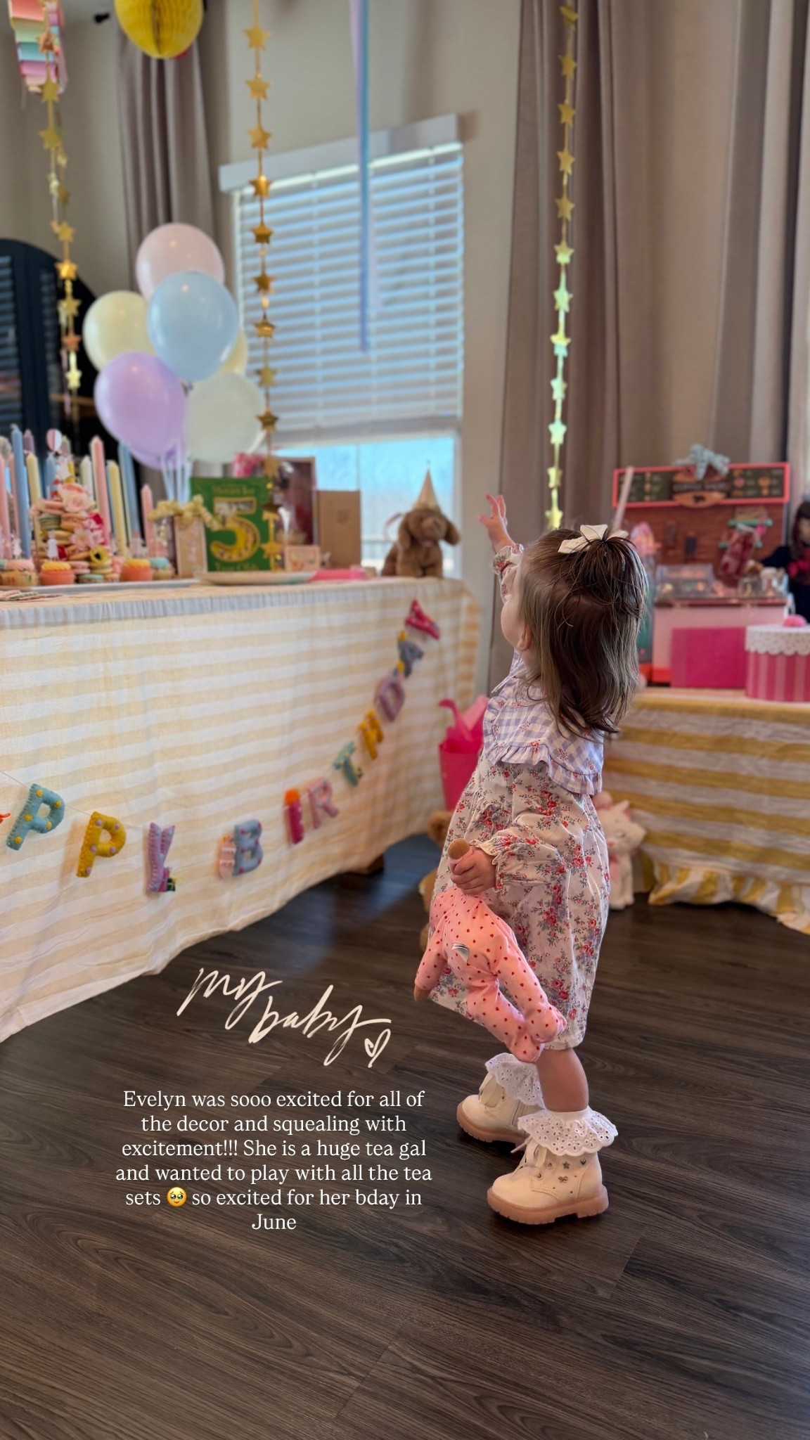 Evelyn was sooo excited for all of the decor and squealing with excitement!!! She is a huge tea gal and wanted to play with all the tea sets 🥹 so excited for her bday in June

Linking her dress (12-18m) and her socks / shoes here! 

#LTKKids #LTKmomlife