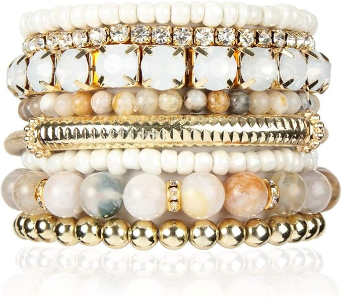 Multi Color Stretch Beaded Stackable Bracelets - Layering Bead Strand Statement Bangles | Amazon (US)