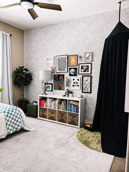 Big boy room reveal 🖤 colorful gallery wall and reading nook 📚// hanging reading tent // little boy room with neutral wallpaper 

#LTKFind #LTKhome #LTKkids
