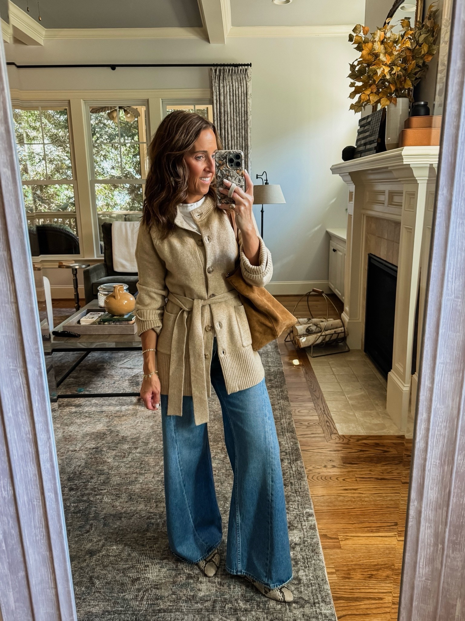 Tie waist cardigan sweater. Fall casual. 
Sweater XS. Jeans TTS, 25 petite