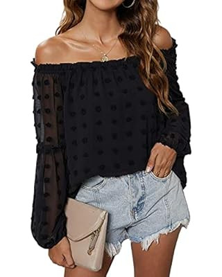 Jollycode Women's Off The Shoulder Chiffon Blouses Summer Long Sleeves Pom Pom Tops Shirts | Amazon (US)