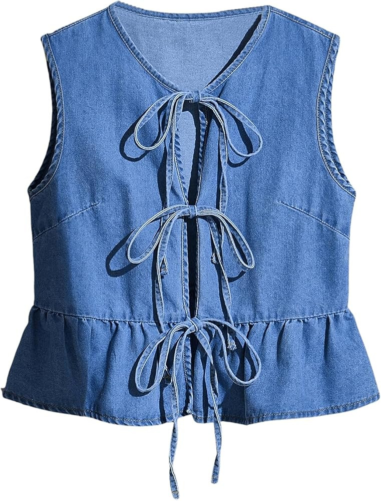 Women's Bow Tie Front Denim Vest Jacket Ruffle Hem Jean Vest Sleeveless Peplum Tank Tops Streetwe... | Amazon (US)