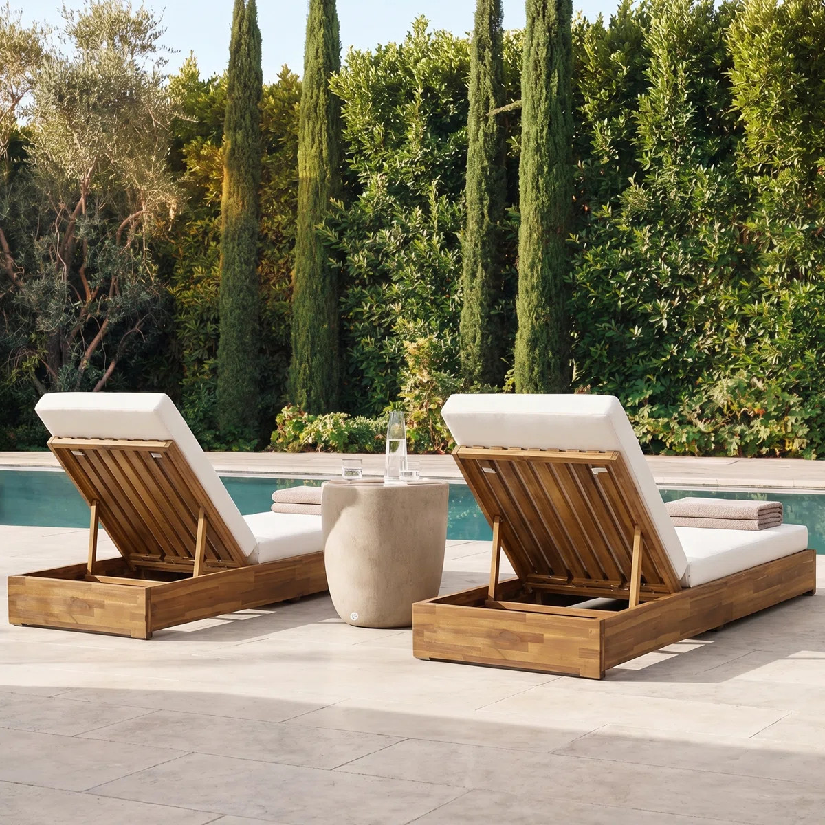 Leite 79" Long Reclining Outdoor Acacia Chaise Lounge Set with Cushions | Wayfair North America