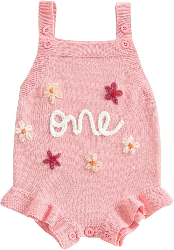 Baby Girl Half 1st Birthday Outfit Sleeveless Knit Sweater Onesie Embroidery Romper Infant Cake S... | Amazon (US)