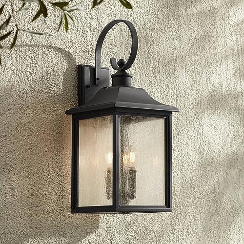 John Timberland Moray Bay Industrial Outdoor Wall Light Fixture Black Metal 24" Clear Seedy Glass Lantern Scroll Arm for Exterior House Porch Patio Outside Deck Garage Front Door Garden Home | Amazon (US)