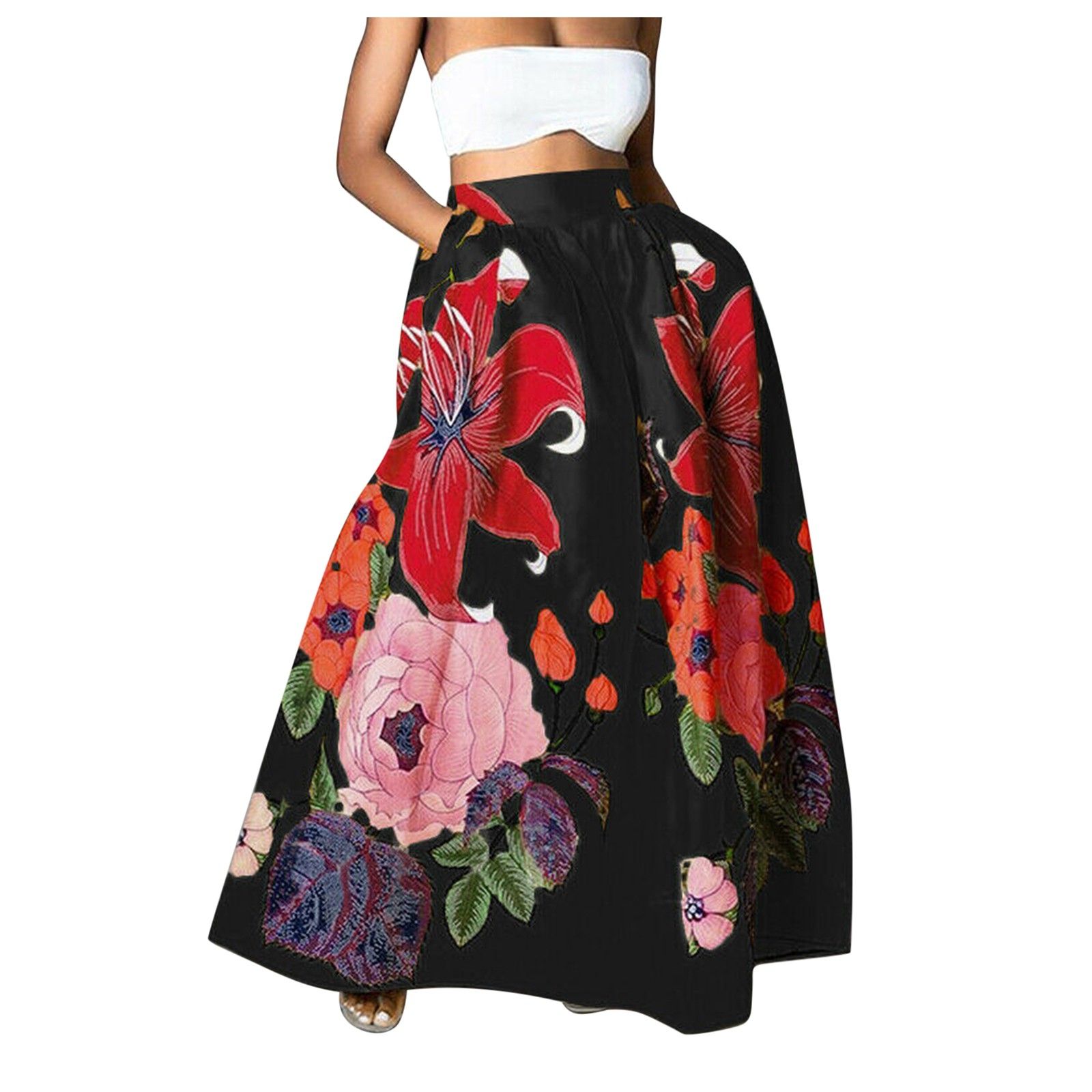 Mortilo Women Bohemian Floral Print Skirt High Waist Party Beach Pocket Long Maxi Skirt | Walmart (US)