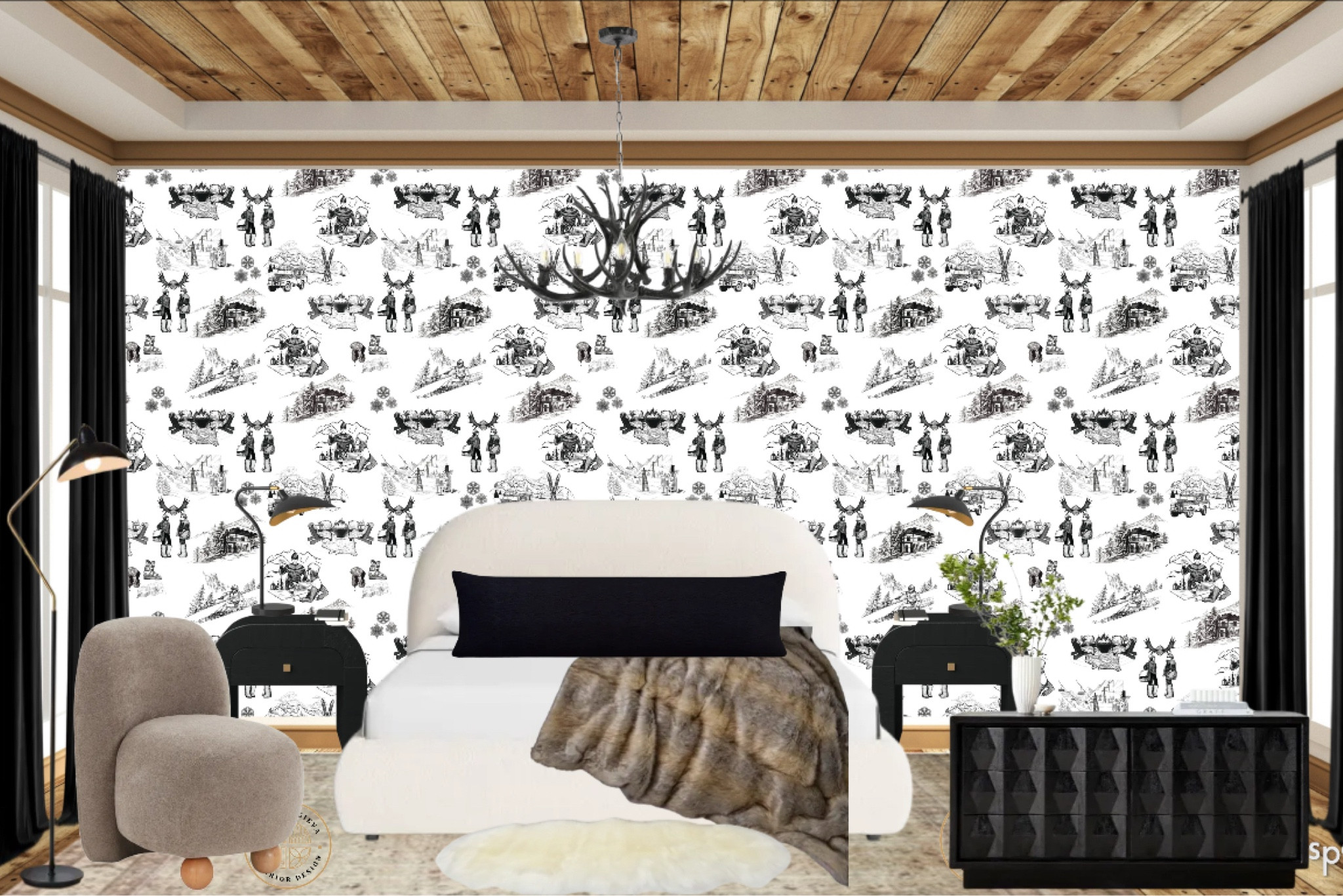 Gorgeous Apres ski bedroom, Bouclè queen bed, fun winter wallpaper, black nightstands, black dresser, rustic chandelier, curvy accent chair, black mid-century night light, vintage-style rug. #homedecor #bedroom

#LTKHome #LTKStyleTip #LTKSeasonal